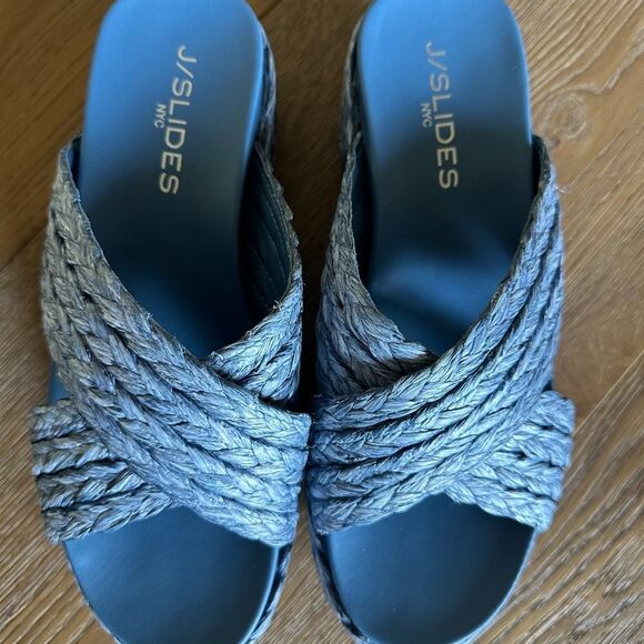 J/Slides Quiver Crossover Espadrille Platform Slide Sandals in Denim Raffia - Picture 4 of 10